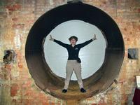 Sandra in a water pipe at Roanoke Canal Museum